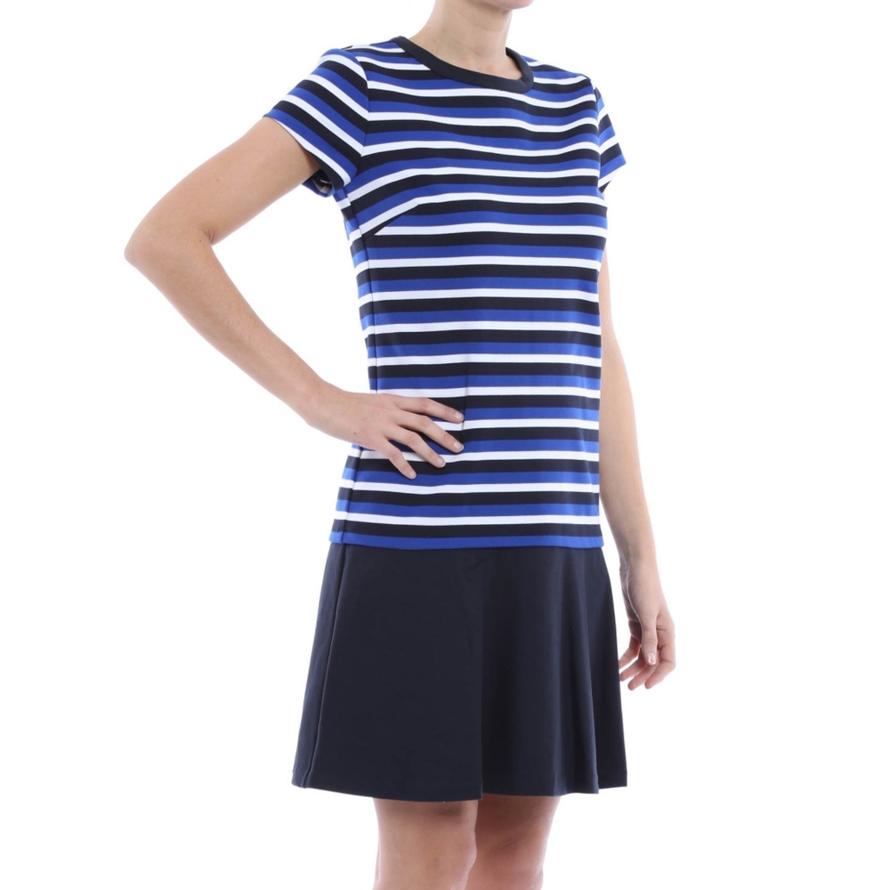 Michael Kors | Striped Drop Waist Flounce Hem Dress Blue White Cap Sleeve